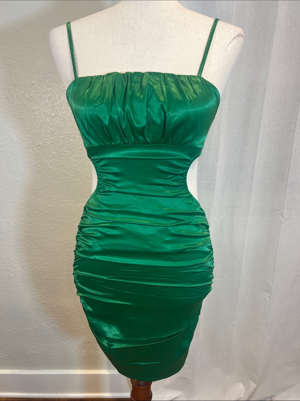 Sky to Moon Green Satin Ruched Cutout Mini Dress with Spaghetti Straps
